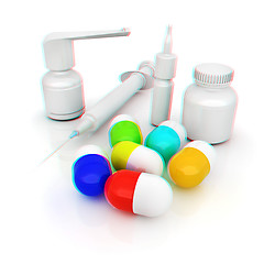 Image showing Syringe, tablet, pill jar. 3D illustration. Anaglyph. View with 