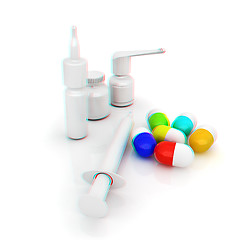 Image showing Syringe, tablet, pill jar. 3D illustration. Anaglyph. View with 