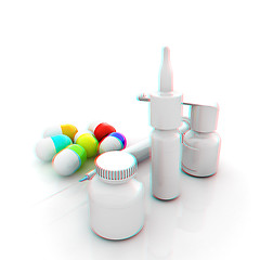 Image showing Syringe, tablet, pill jar. 3D illustration. Anaglyph. View with 