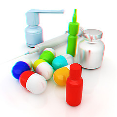 Image showing Syringe, tablet, pill jar. 3D illustration. Anaglyph. View with 