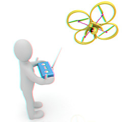 Image showing 3d man with drone, quadrocopter, with photo camera. 3d render. 3