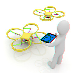 Image showing 3d white people. Man flying a white drone with camera. 3D render