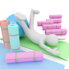 Image showing 3d man on a karemat with fitness ball. 3D illustration. Anaglyph