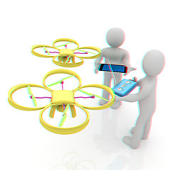 Image showing 3d white people. Man flying a white drone with camera. 3D render