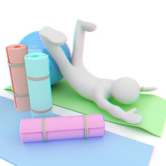 Image showing 3d man on a karemat with fitness ball. 3D illustration. Anaglyph