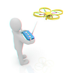 Image showing 3d man with drone, quadrocopter, with photo camera. 3d render. 3