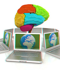 Image showing Global computer brain connected to the network. 3d render. Anagl