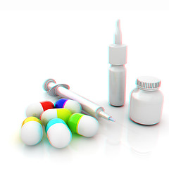 Image showing Syringe, tablet, pill jar. 3D illustration. Anaglyph. View with 