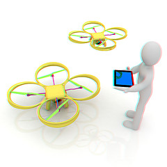 Image showing 3d white people. Man flying a white drone with camera. 3D render