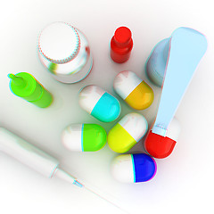 Image showing Syringe, tablet, pill jar. 3D illustration. Anaglyph. View with 