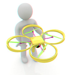 Image showing 3d man with drone, quadrocopter, with photo camera. 3d render. 3