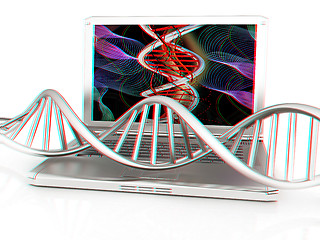 Image showing Laptop with dna medical model background on laptop screen. 3d il