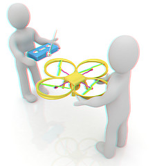 Image showing 3d man with drone, quadrocopter, with photo camera. 3d render. 3