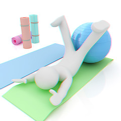 Image showing 3d man on a karemat with fitness ball. 3D illustration. Anaglyph