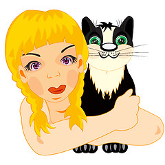 Image showing Girl embraces cat