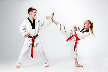 Image showing The studio shot of group of kids training karate martial arts