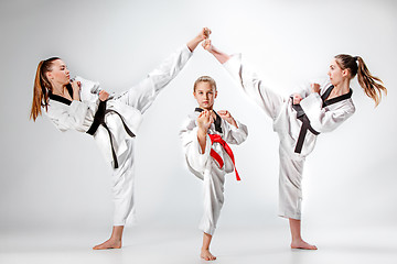 Image showing The studio shot of group of kids training karate martial arts