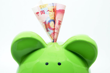 Image showing Green piggy bank with China currency