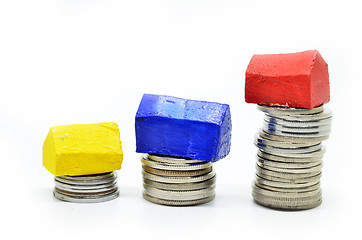 Image showing Coins stacked up in piles with color house