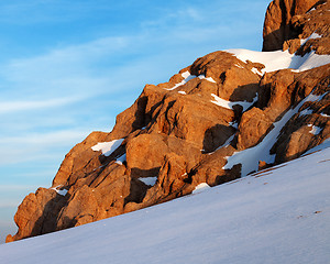 Image showing Sunrise mountains in snow