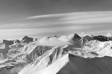 Image showing Black and white panorama of winter snow mountains