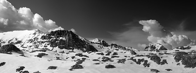 Image showing Black and white panorama of snowy winter mountains