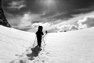 Image showing Two hikers on snow plateau