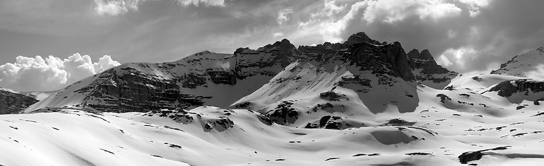 Image showing Black and white panorama of snowy mountains