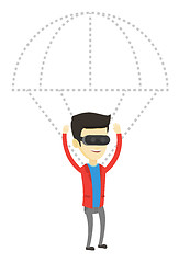 Image showing Happy man in vr headset flying with parachute.