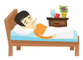 Image showing Sick man with thermometer laying in bed.