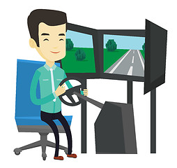 Image showing Man playing video game with gaming wheel.