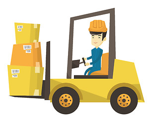 Image showing Warehouse worker moving load by forklift truck.