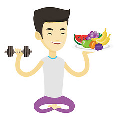 Image showing Healthy man with fruits and dumbbell.