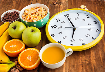 Image showing Healthy home made breakfast of muesli, apples, fresh fruits and walnuts