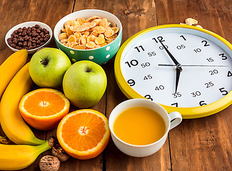 Image showing Healthy home made breakfast of muesli, apples, fresh fruits and walnuts