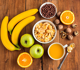 Image showing Healthy home made breakfast of muesli, apples, fresh fruits and walnuts