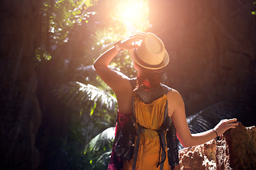 Image showing Woman in ravine with palms