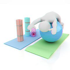 Image showing 3d man on a karemat with fitness ball. 3D illustration. Anaglyph