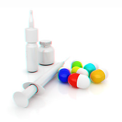 Image showing Syringe, tablet, pill jar. 3D illustration. Anaglyph. View with 