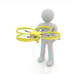 Image showing 3d man with drone, quadrocopter, with photo camera. 3d render. 3