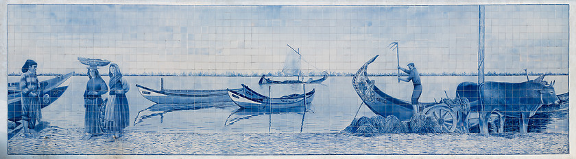 Image showing Panel of traditional Portuguese tiles hand-painted blue and whit