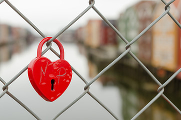 Image showing Red padlock on a fence in Trondheim