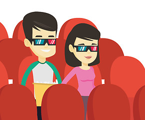 Image showing Happy friends watching 3D movie in the theatre.