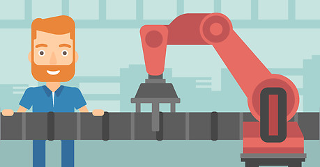 Image showing Refinery worker and robotic arm repairing pipeline