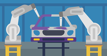 Image showing Robotic arm painting car in a production line.