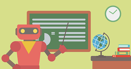 Image showing Robot teacher standing with pointer in classroom.