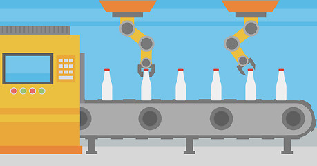 Image showing Robotic arm working on conveyor belt with bottles.