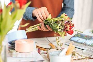 Image showing Florist at work: the female hands of woman making fashion modern bouquet of different flowers