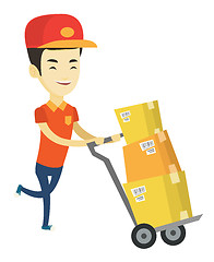 Image showing Delivery postman with cardboard boxes on trolley.