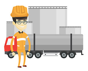 Image showing Worker on background of fuel truck and oil plant.